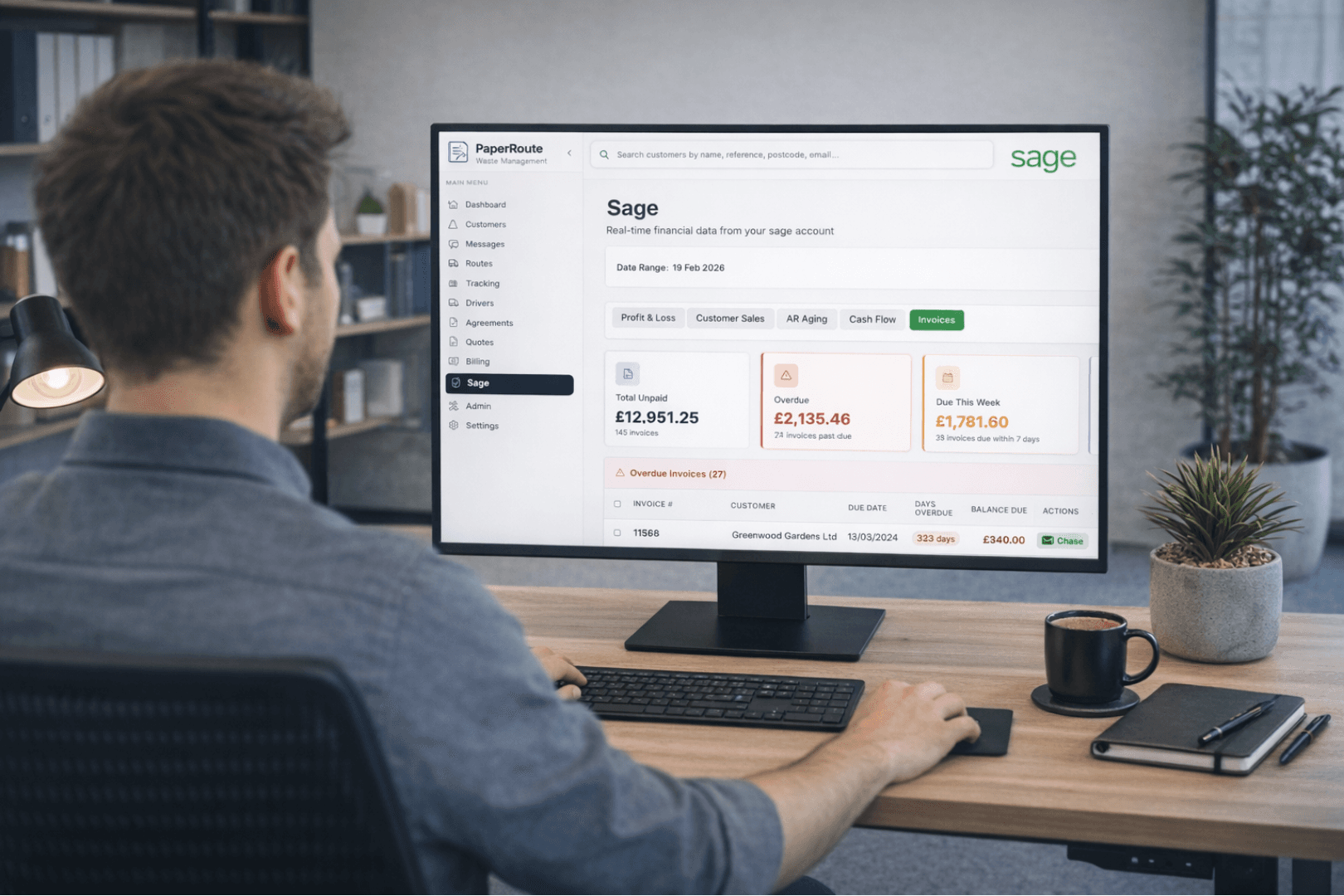 PaperRoute waste management software admin panel showing Sage accounting integration and automated invoicing