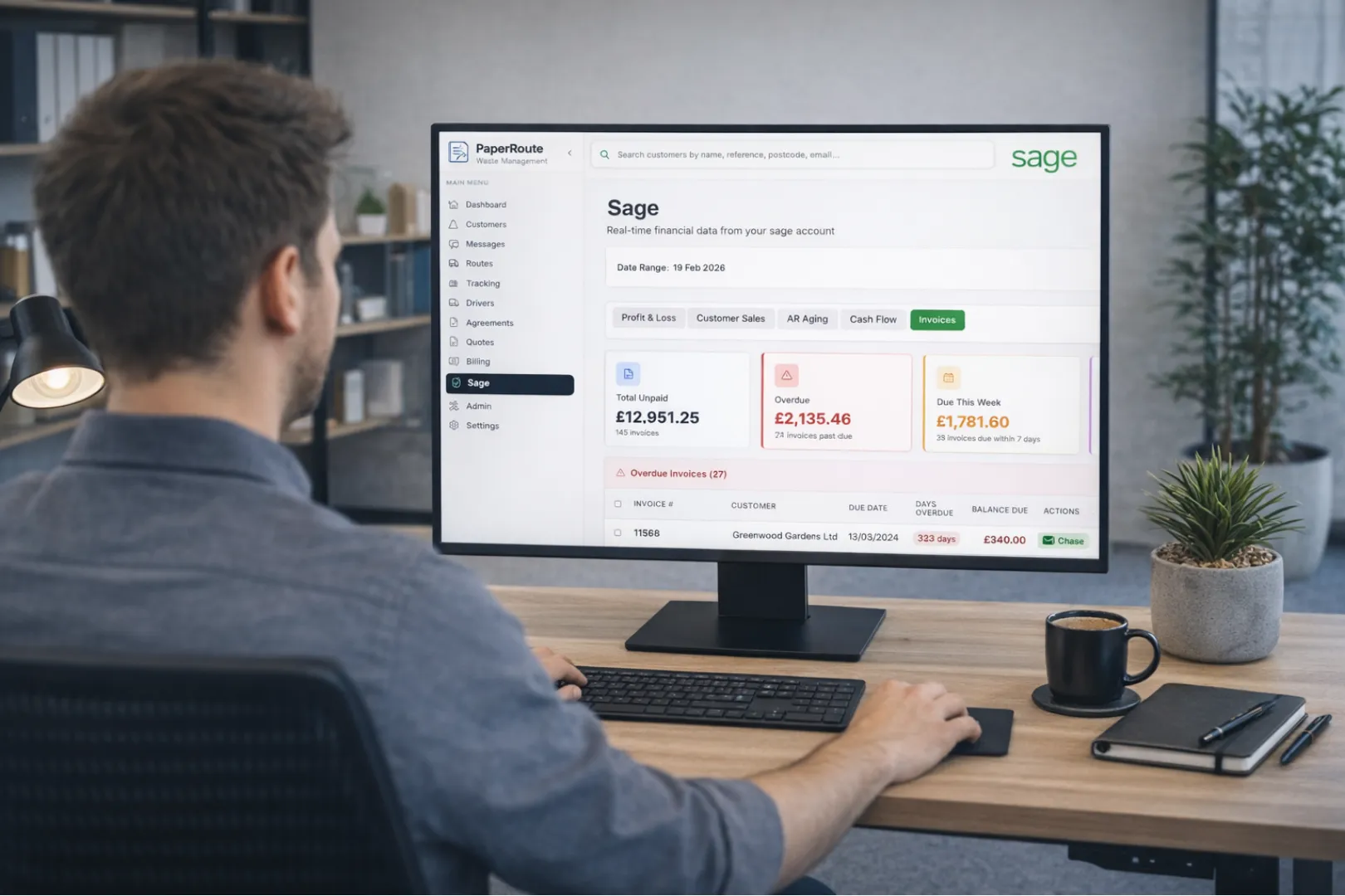 PaperRoute waste management software admin panel showing Sage accounting integration and automated invoicing