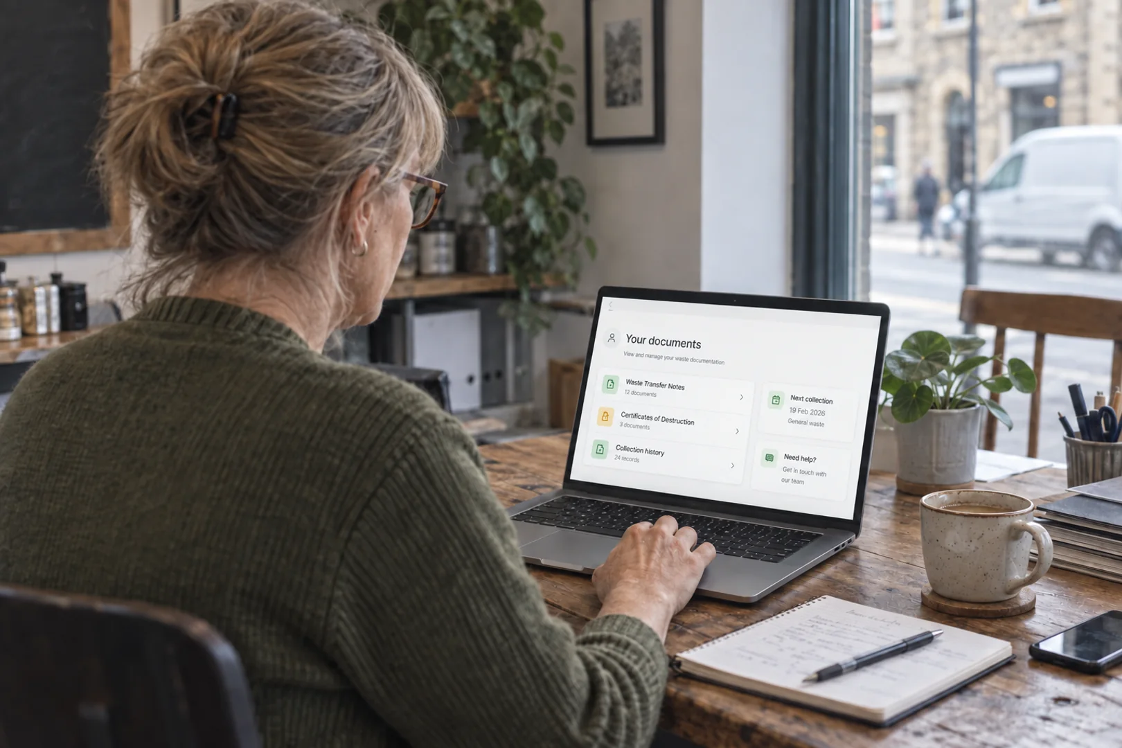 Waste management customer portal showing digital waste transfer notes, certificates of destruction and collection history