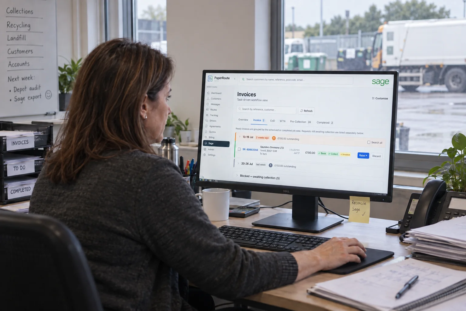 PaperRoute invoicing dashboard connecting completed waste jobs to accounting