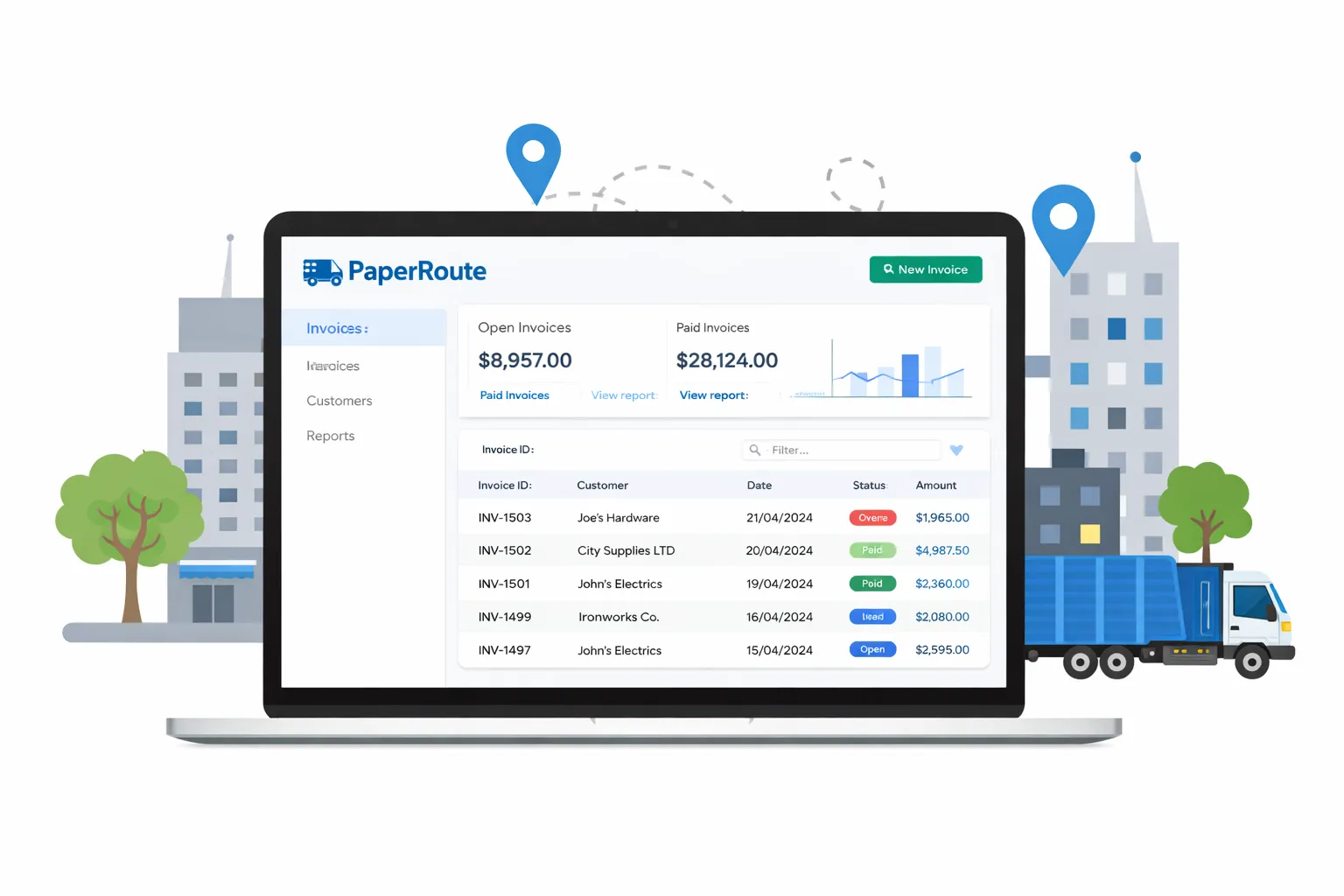 PaperRoute invoicing dashboard connecting completed waste jobs to accounting