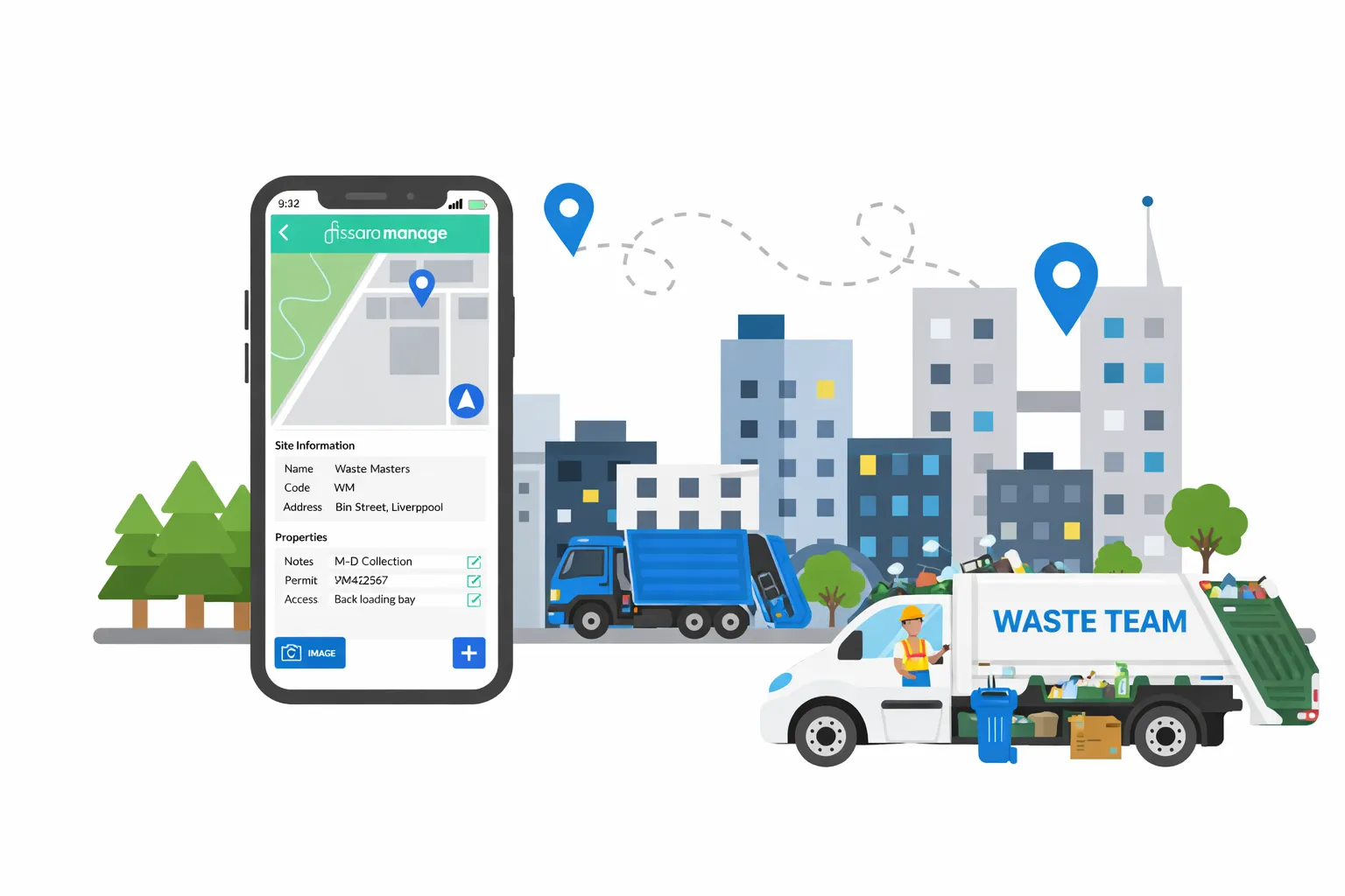 PaperRoute waste collection route planning software showing optimised stops, truck-safe routing and site information