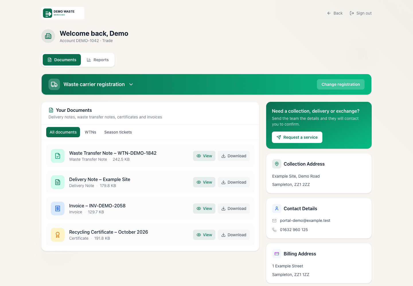 Fictional demonstration of a branded PaperRoute customer portal with Waste Transfer Notes, delivery notes, invoices and certificates