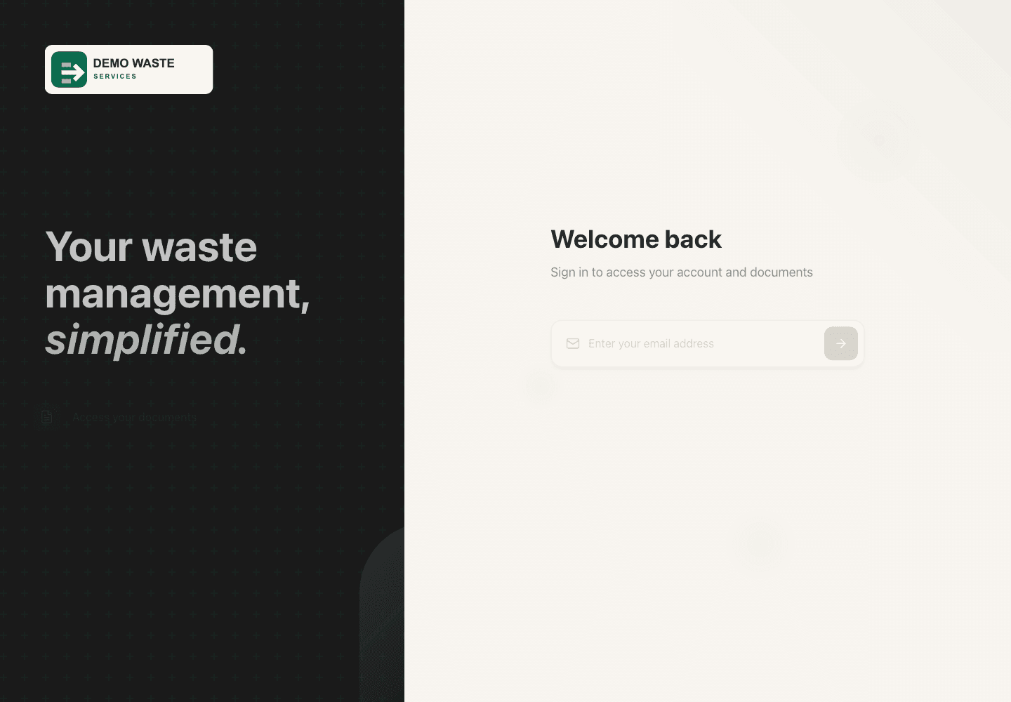 Fictional Demo Waste branded customer portal email and PIN login
