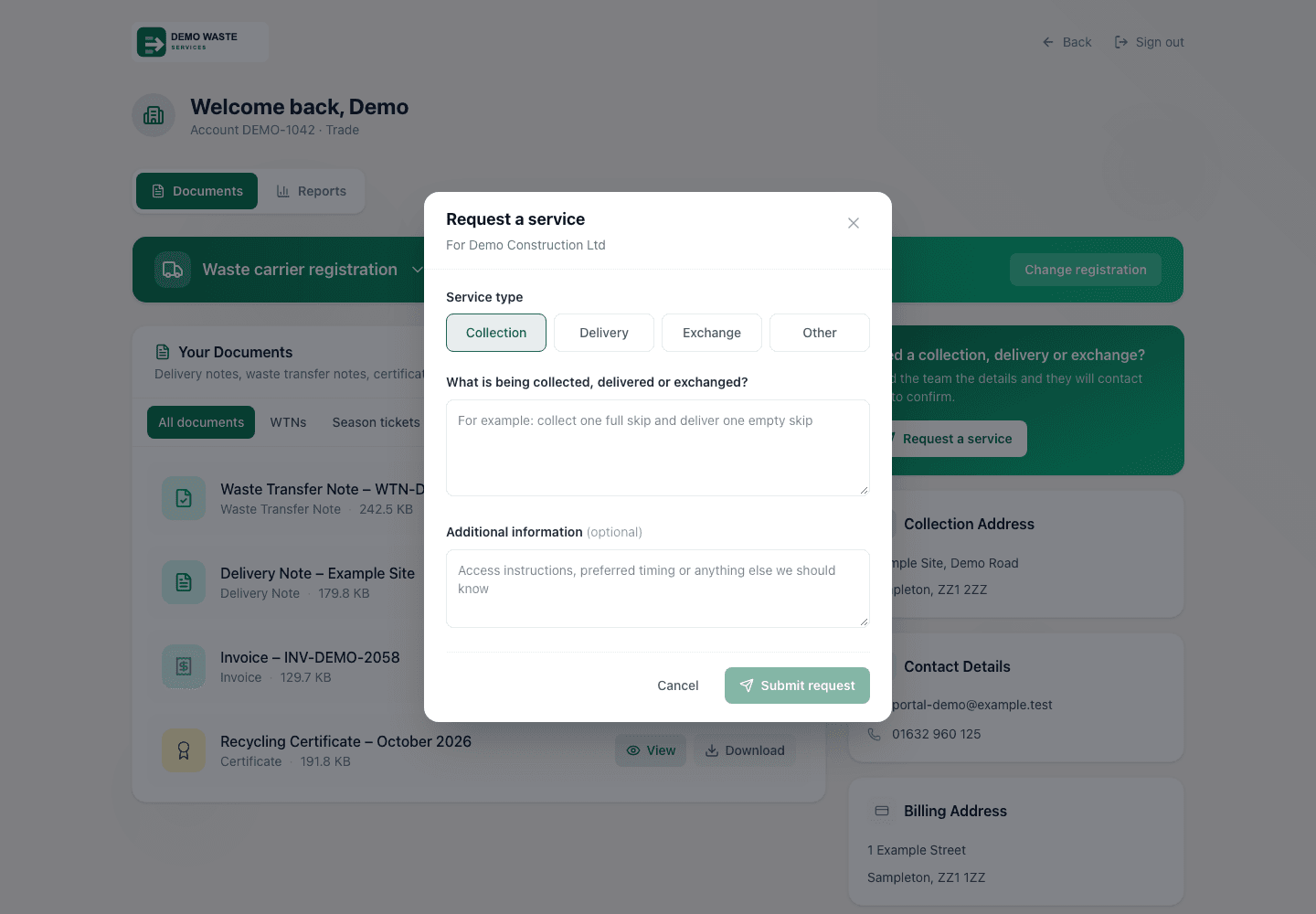 Fictional portal form for requesting a collection, delivery or exchange