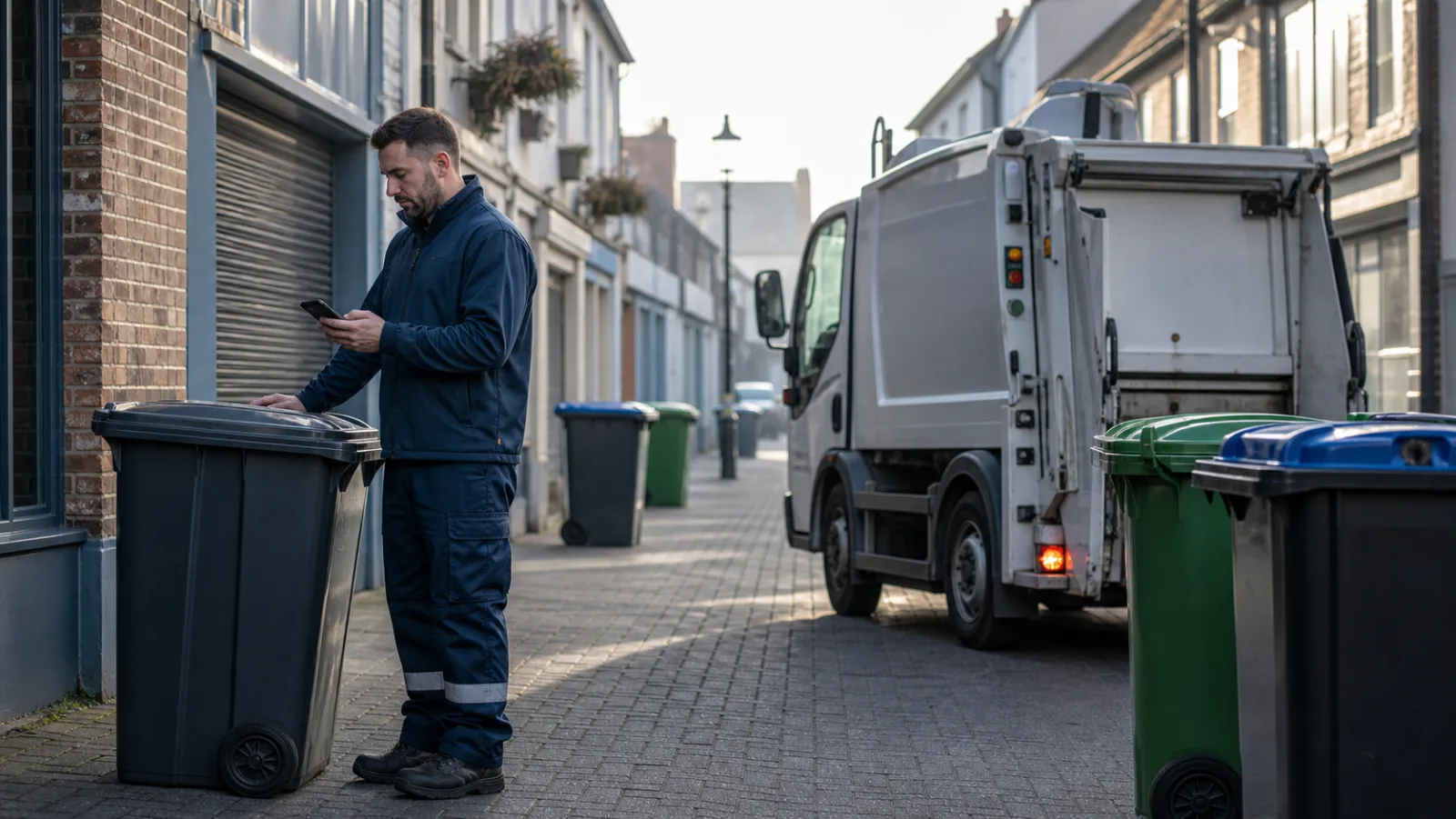 Commercial waste collection driver checking a scheduled bin service on a phone