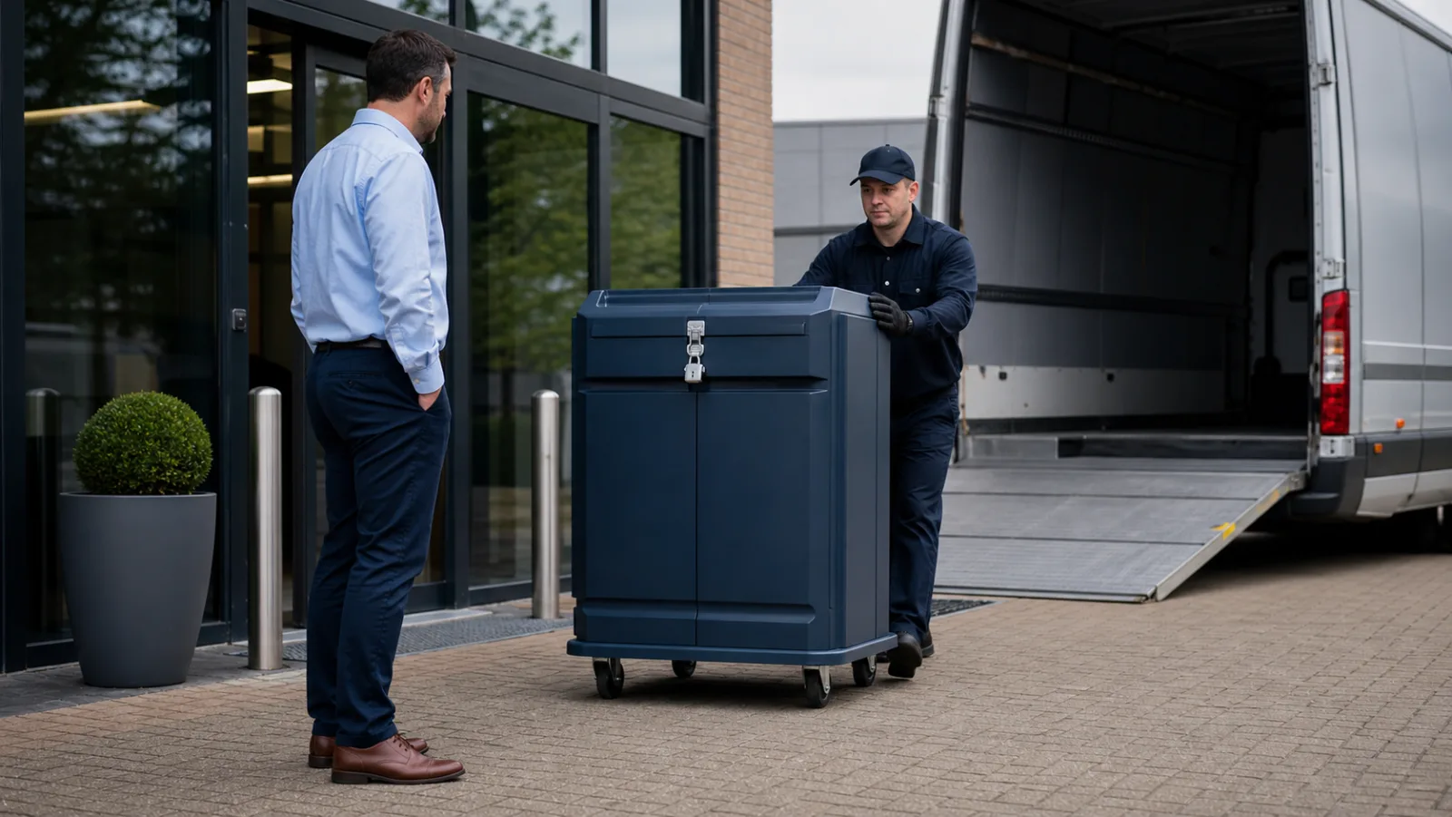Secure destruction driver collecting a locked confidential waste console from a UK office