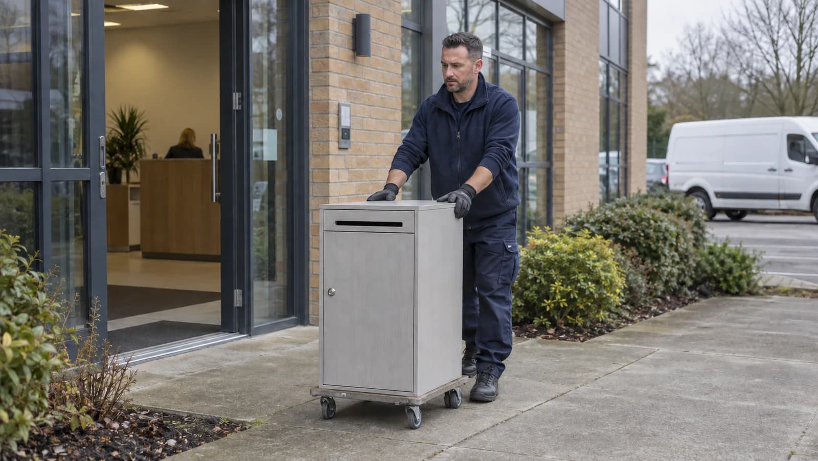 Secure destruction driver collecting a locked confidential waste console from a UK office