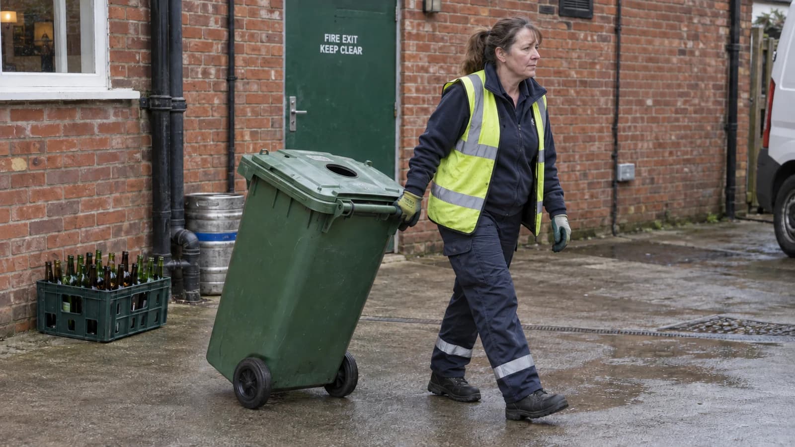 Commercial glass collection driver wheeling a bottle bin beside a UK pub service yard