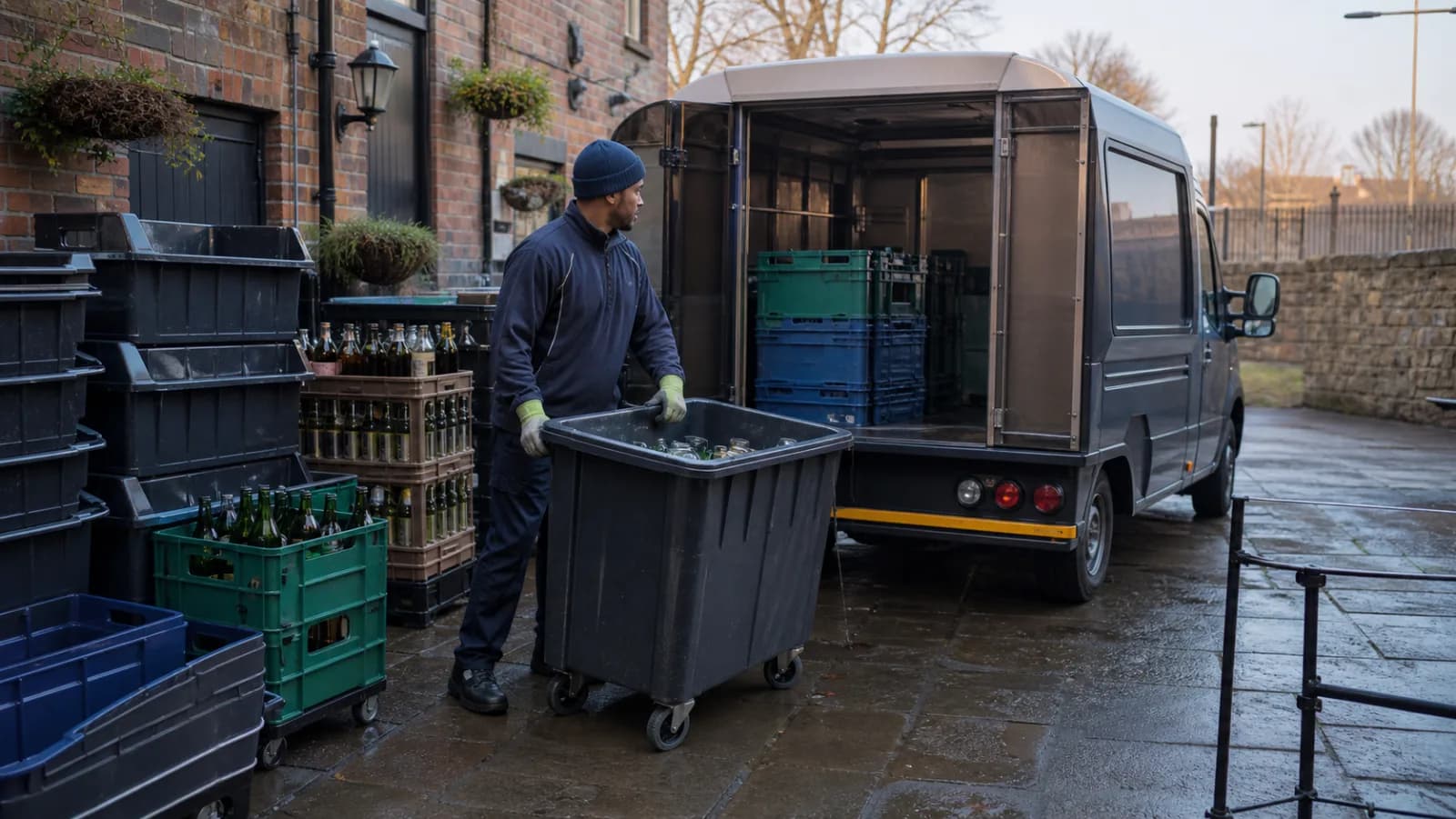 Commercial glass collection driver wheeling a bottle bin beside a UK pub service yard
