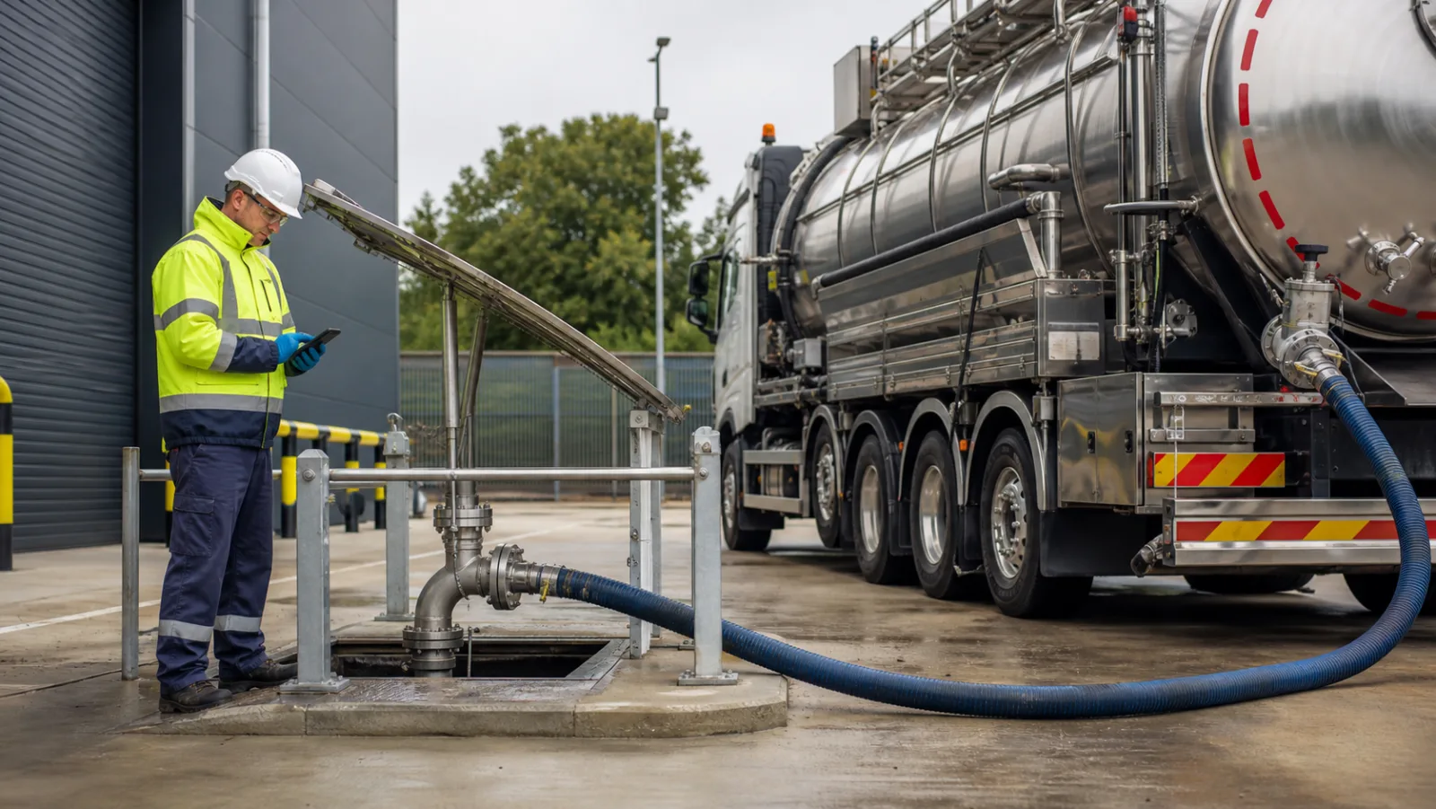 Liquid waste operator documenting an interceptor service beside a vacuum tanker in a UK industrial yard
