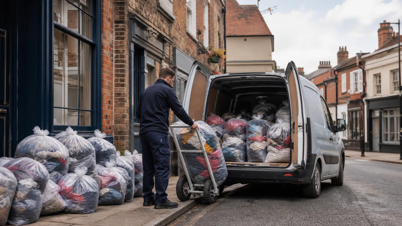 Textile collection driver loading bagged clothing into a van on a UK high street