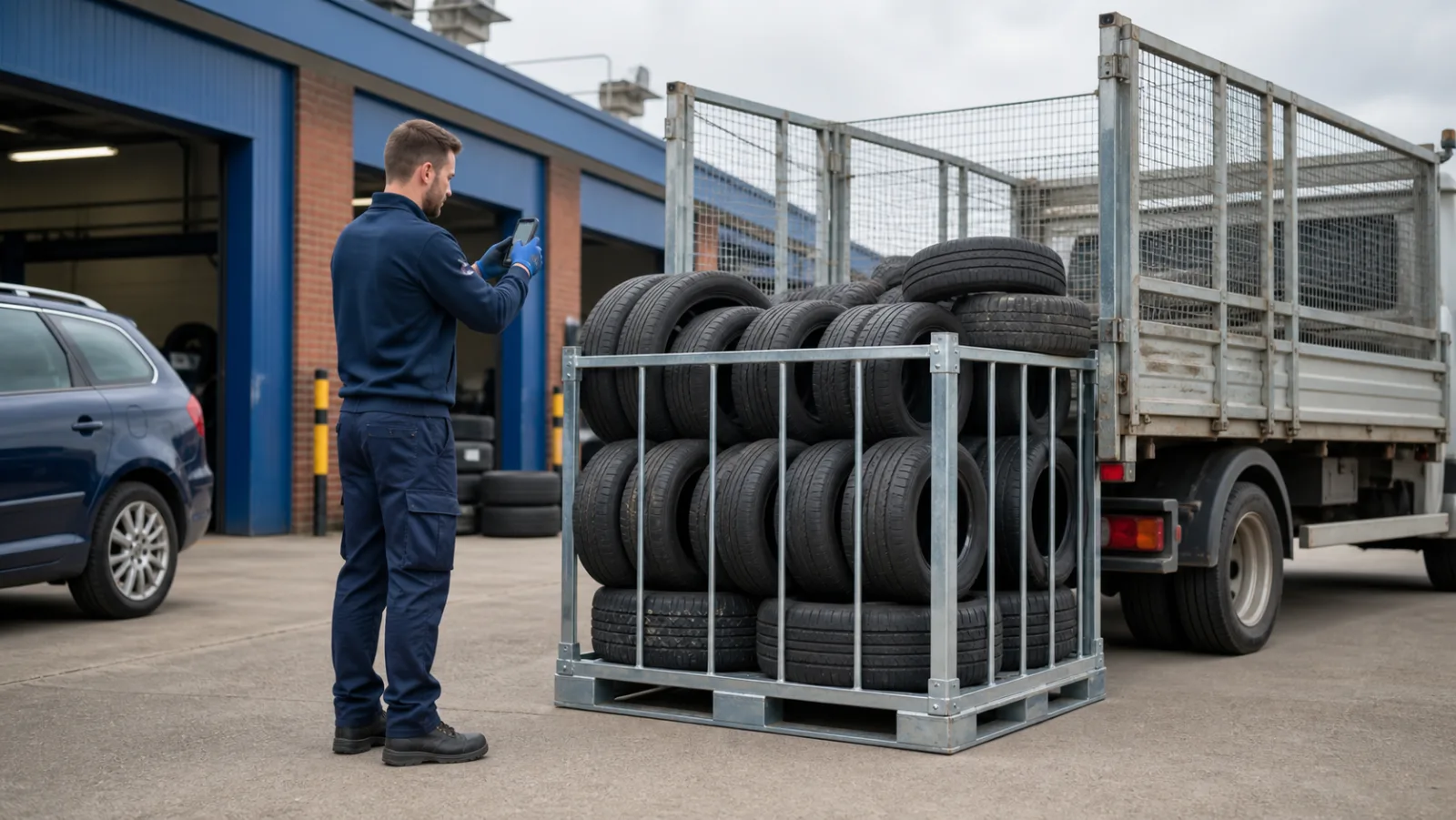 Waste tyre collection driver recording a safely contained tyre stillage at a UK garage