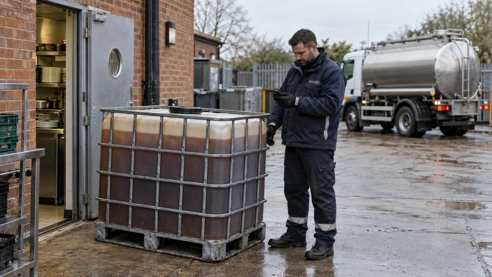Used cooking oil collection driver recording a sealed restaurant oil container beside a tanker