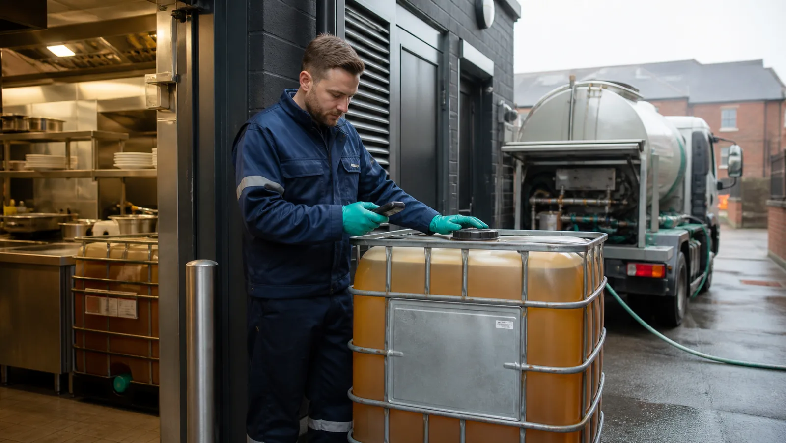 Used cooking oil driver recording a sealed restaurant oil container before collection