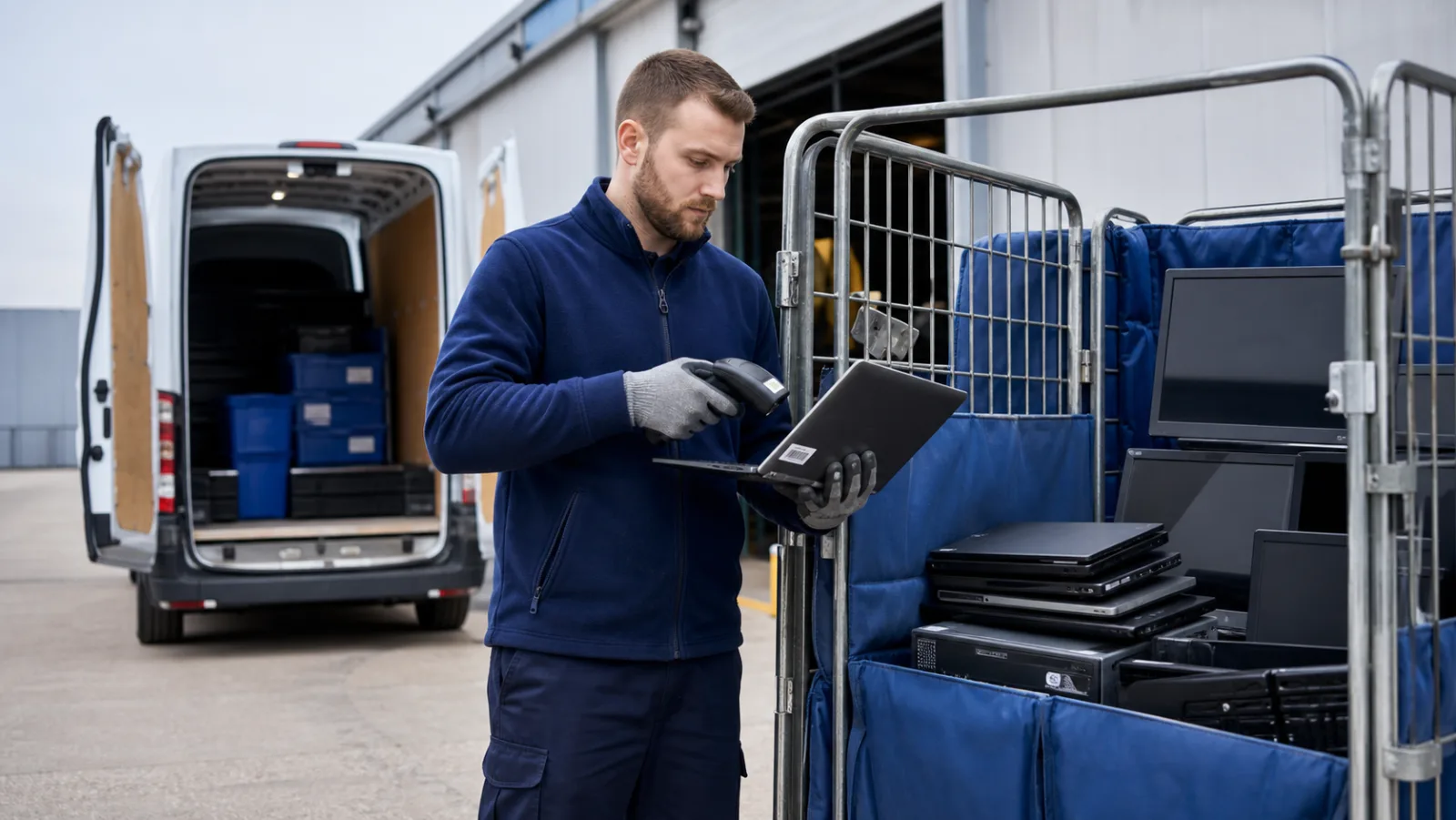 WEEE collection technician scanning a retired laptop beside secure roll cages