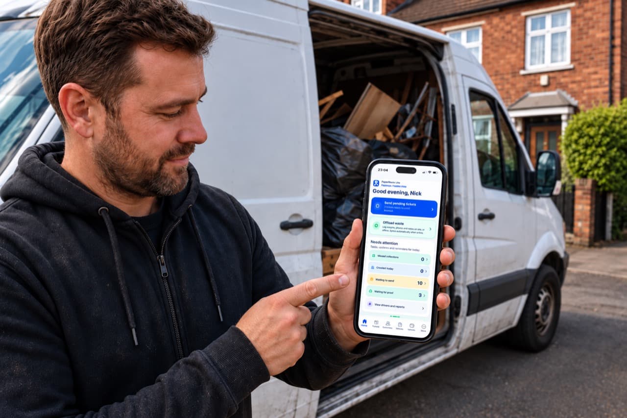 A waste carrier creating a compliant Waste Transfer Note on PaperRoute Lite at the kerbside
