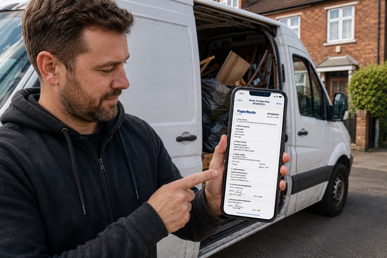 A one-van waste carrier creating a compliant Waste Transfer Note on PaperRoute Lite at the kerbside