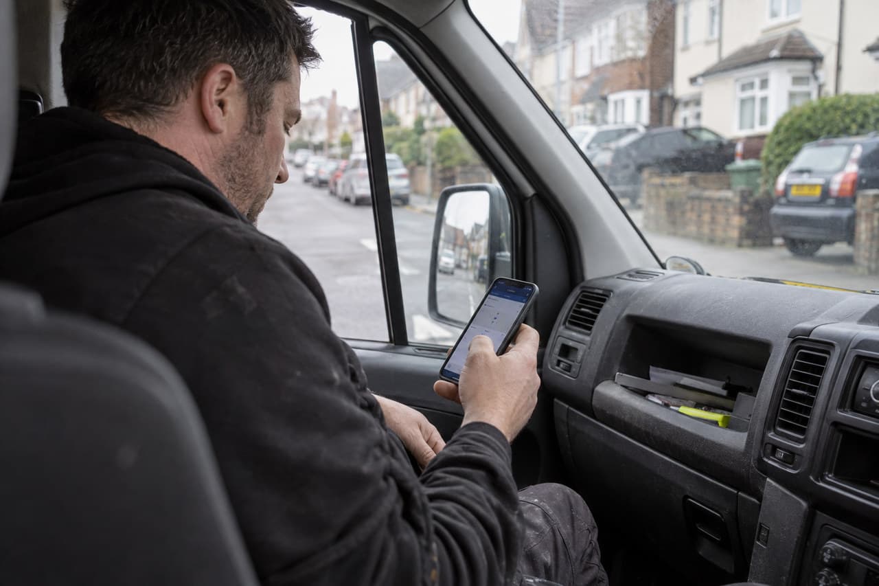 A waste carrier filling in a Waste Transfer Note on PaperRoute Lite from the cab of the van
