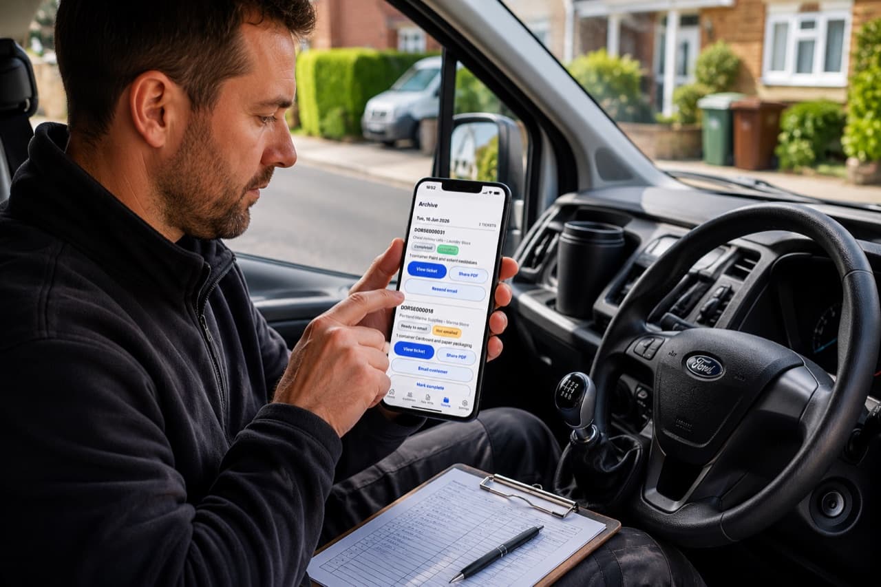 A waste carrier filling in a Waste Transfer Note on PaperRoute Lite from the cab of the van