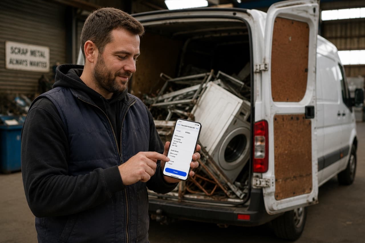 A waste carrier logging a scrap metal collection on PaperRoute Lite