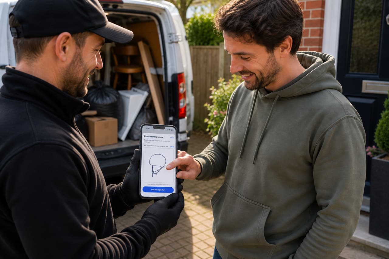 A customer signing a Waste Transfer Note on the PaperRoute Lite app at the point of collection