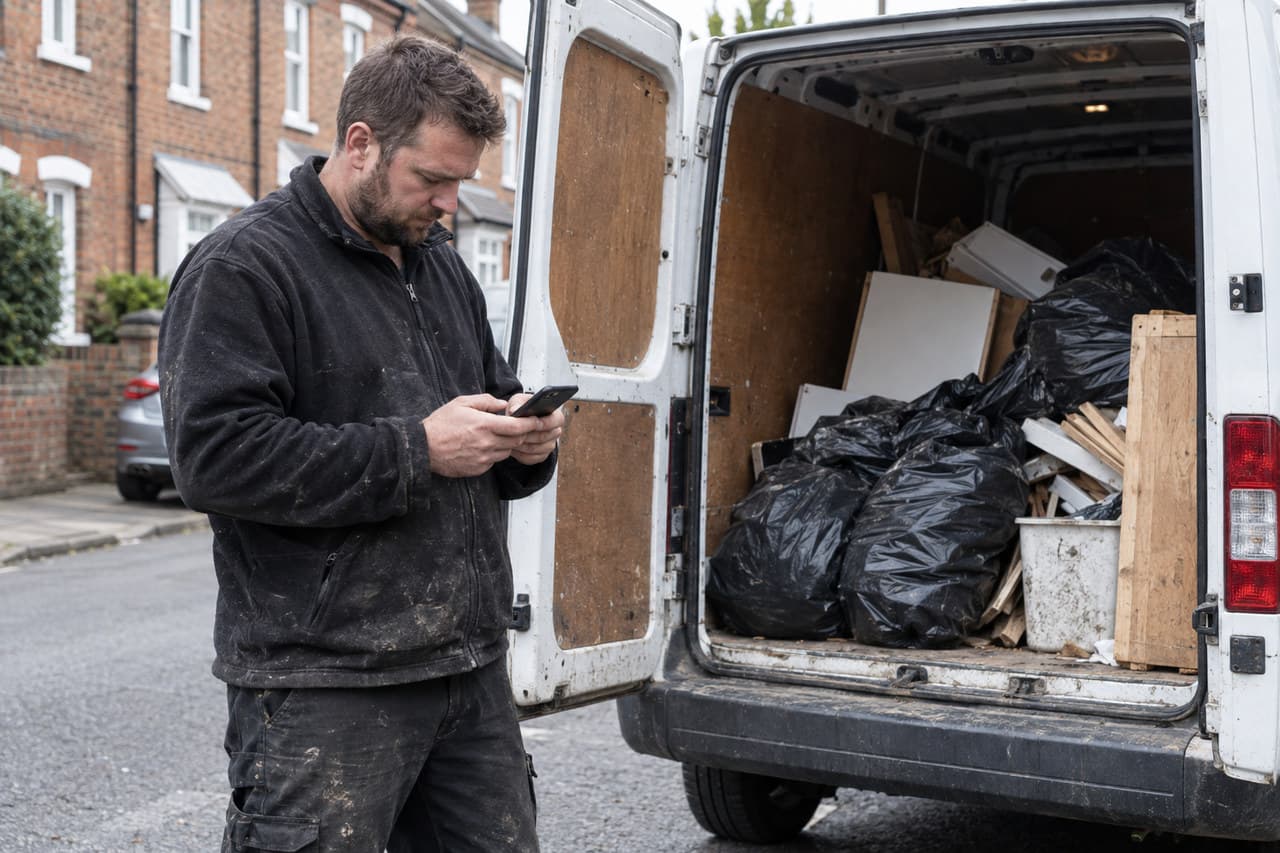 A waste carrier checking PaperRoute Lite beside the van after a collection