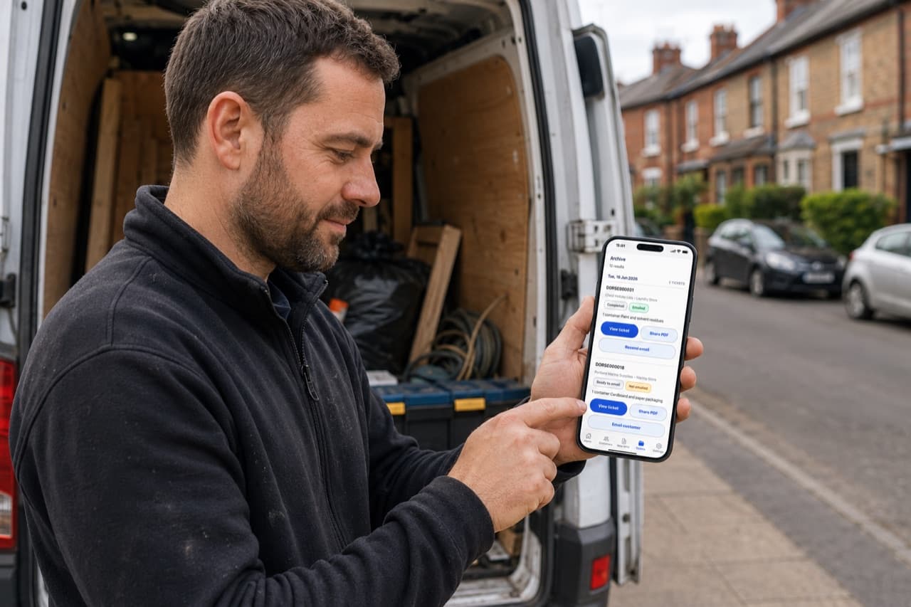 A sole-trader waste carrier checking PaperRoute Lite beside the van after a collection