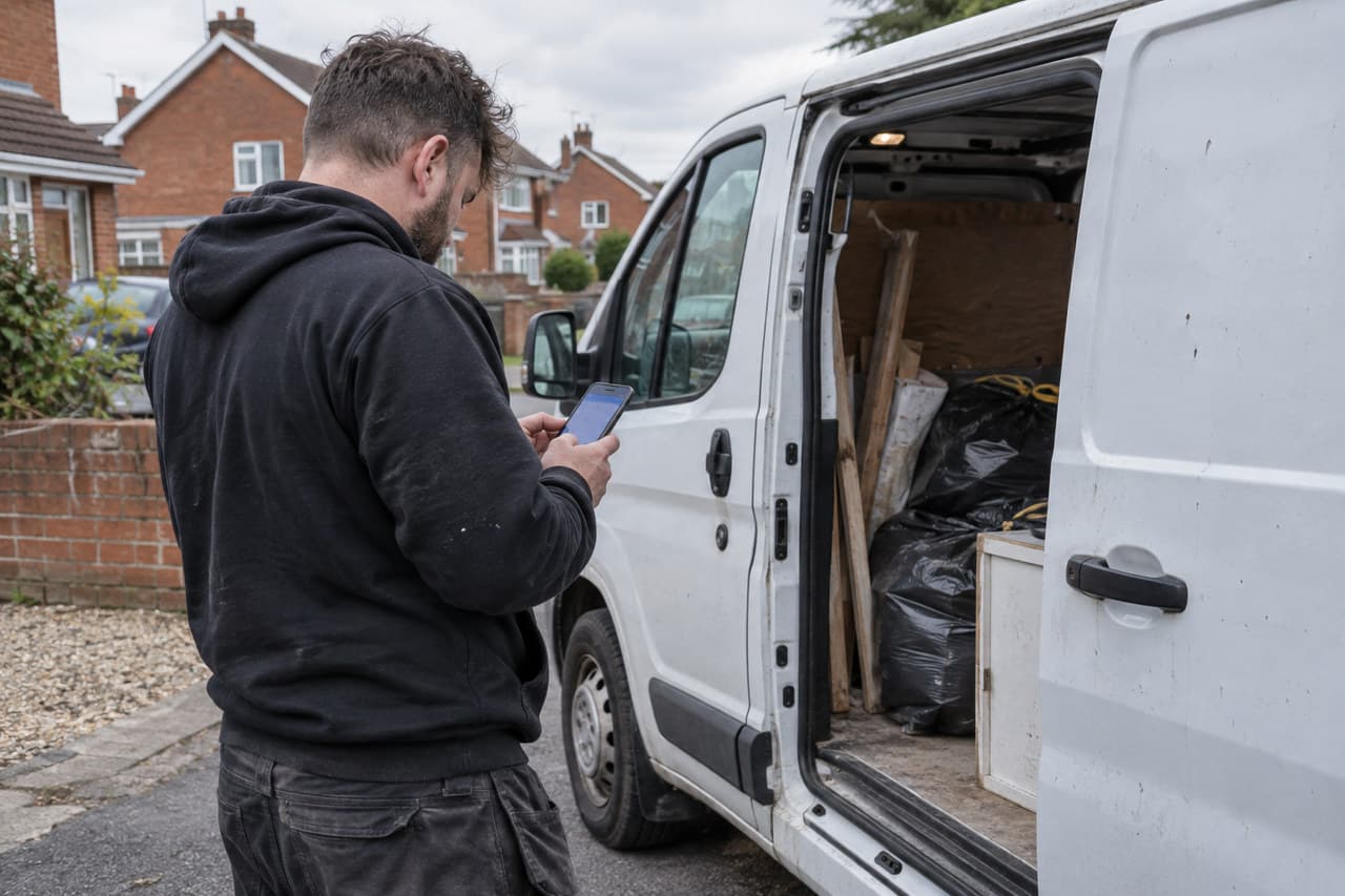 A waste carrier using PaperRoute Lite beside the van