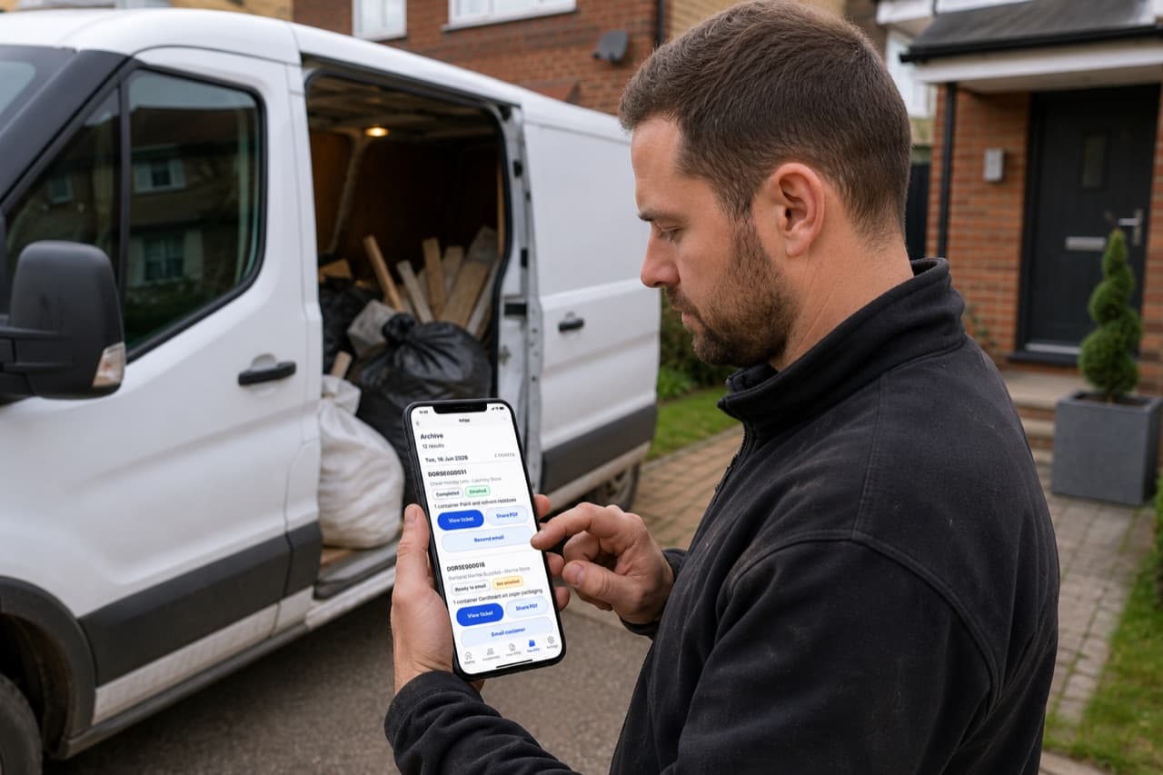 A sole-trader waste carrier using PaperRoute Lite beside the van