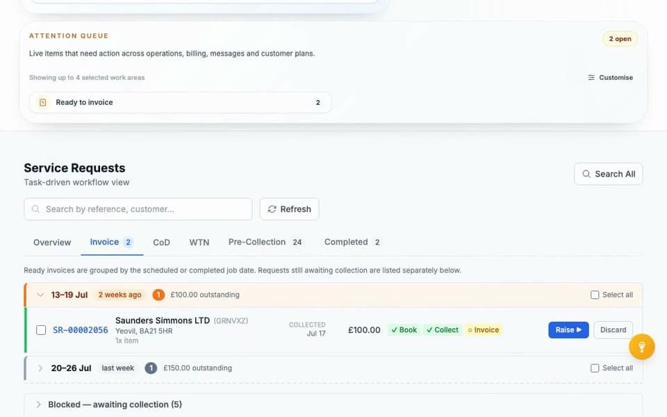 PaperRoute service request workflow moving a completed waste collection into invoicing