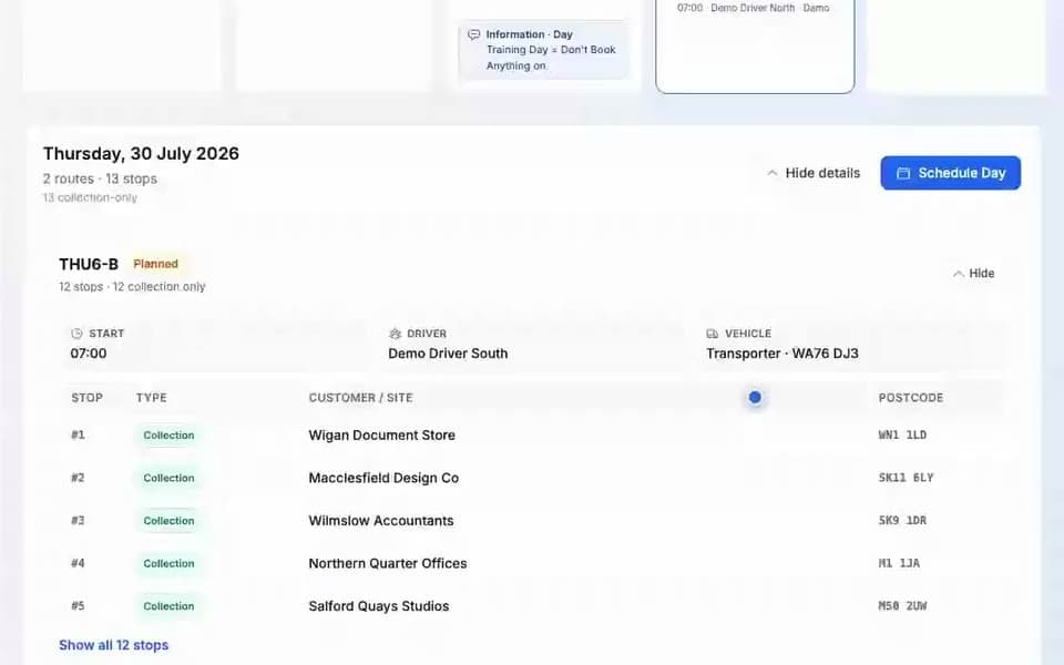 PaperRoute weekly route calendar showing an assigned driver, vehicle and ordered collection stops