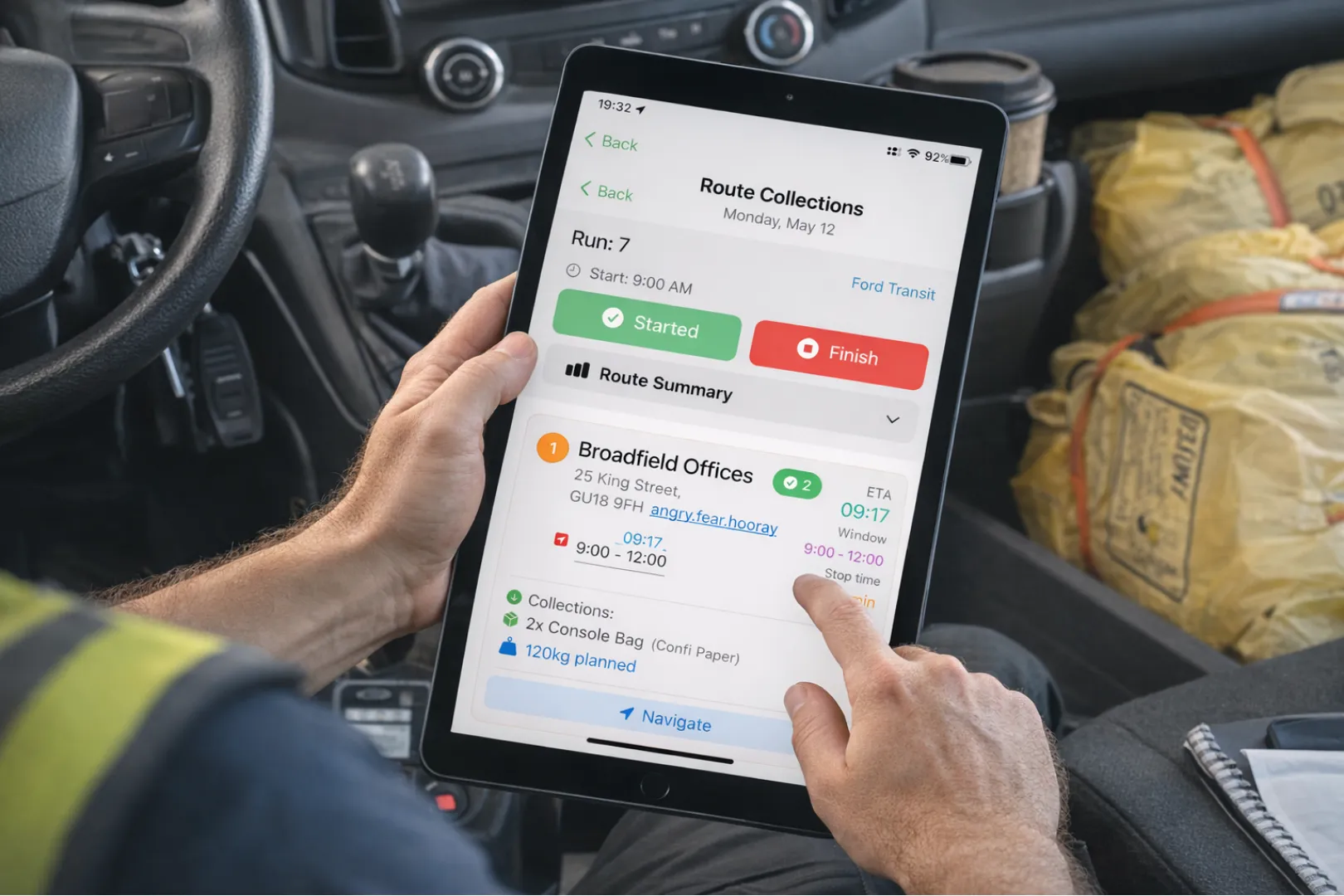 Offline-first waste collection driver app showing PaperRoute on tablet