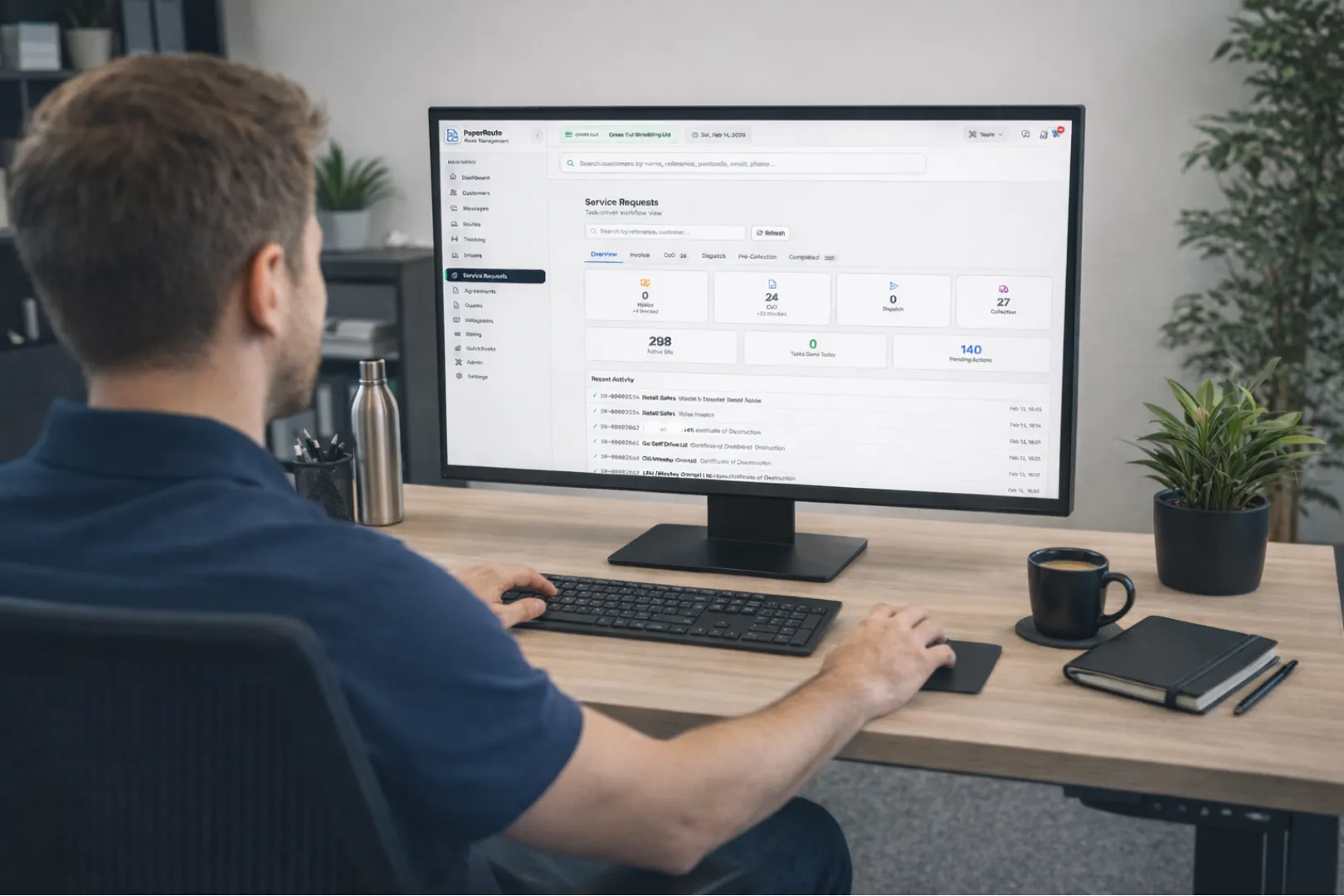 PaperRoute office service request view used to schedule and manage waste collection jobs
