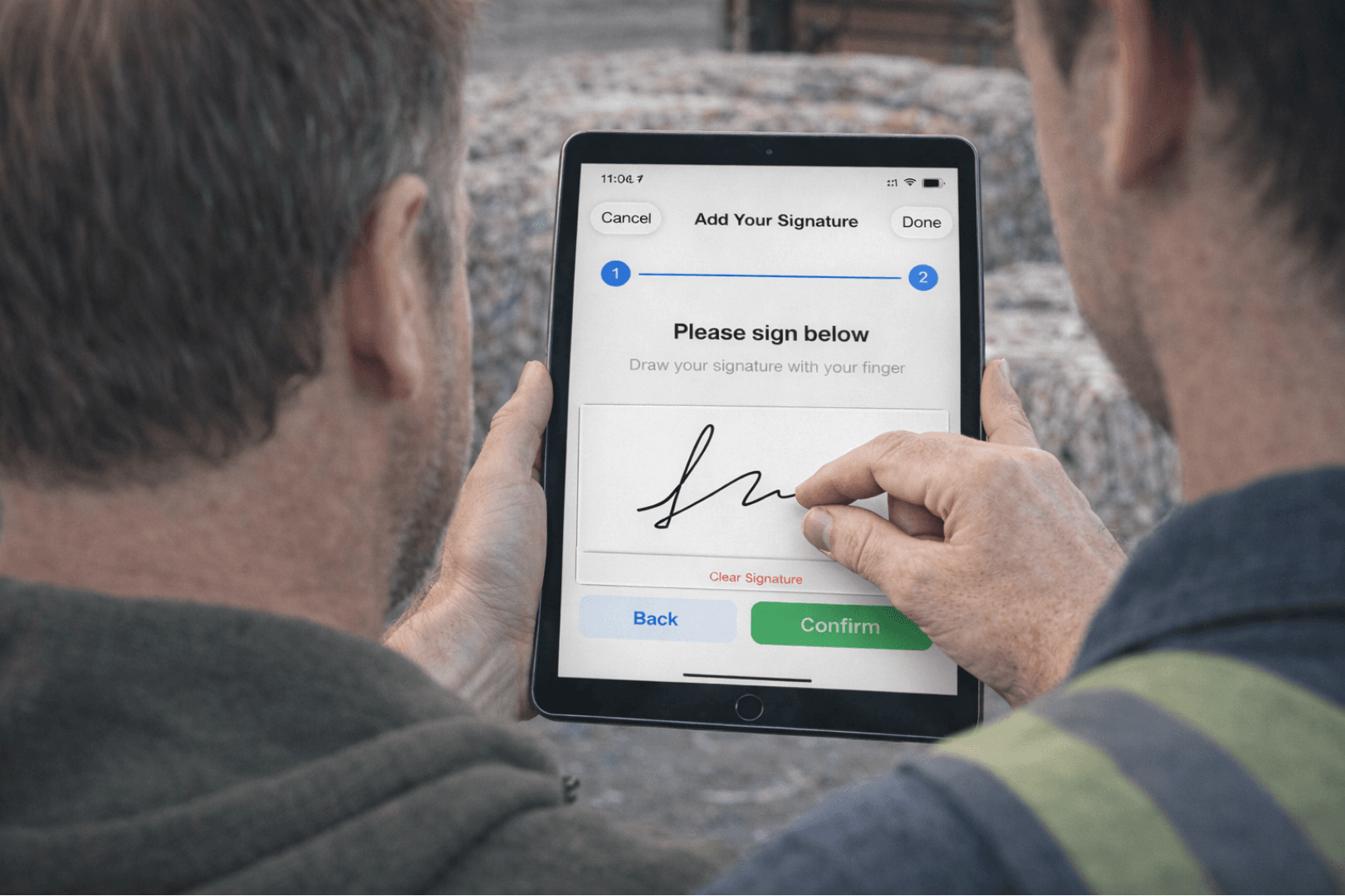 Digital waste transfer note software showing customer e-signature capture on PaperRoute with EWC codes and hazardous waste indicators