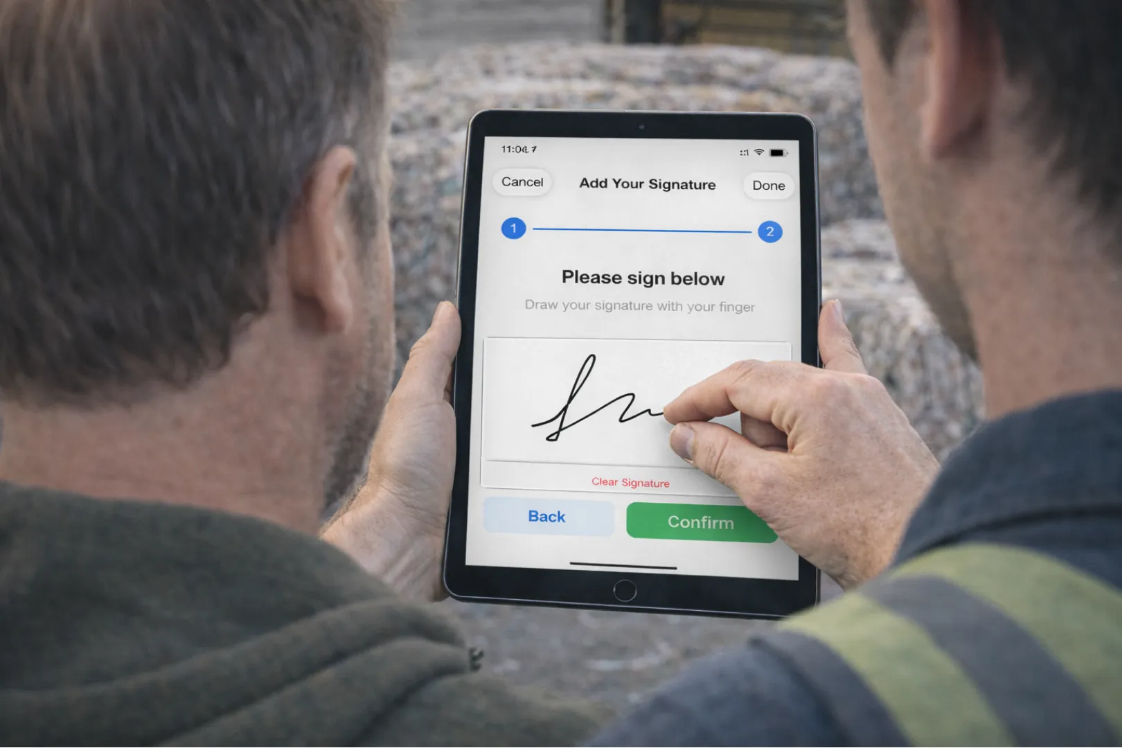 Digital waste transfer note software showing customer e-signature capture on PaperRoute with EWC codes and hazardous waste indicators
