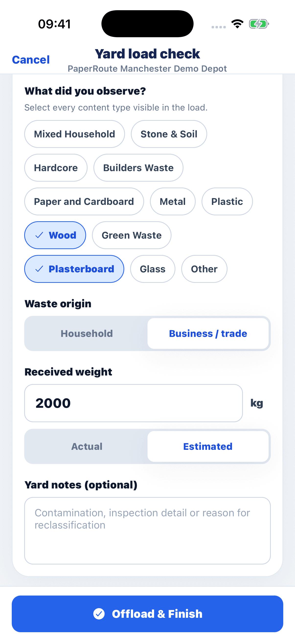 PaperRoute Yard screen for recording observed waste contents, weight and discrepancies